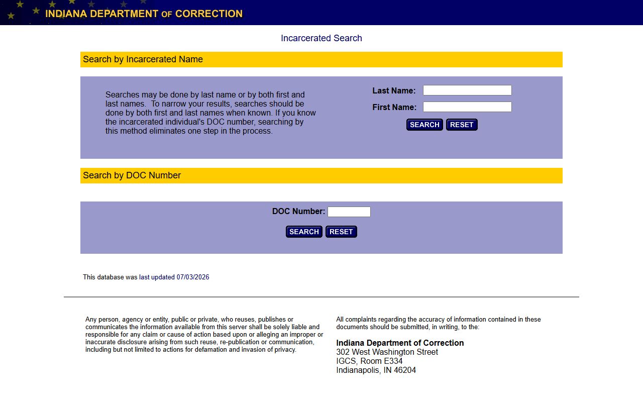 Johnson County inmate records Indiana DOC offender locator