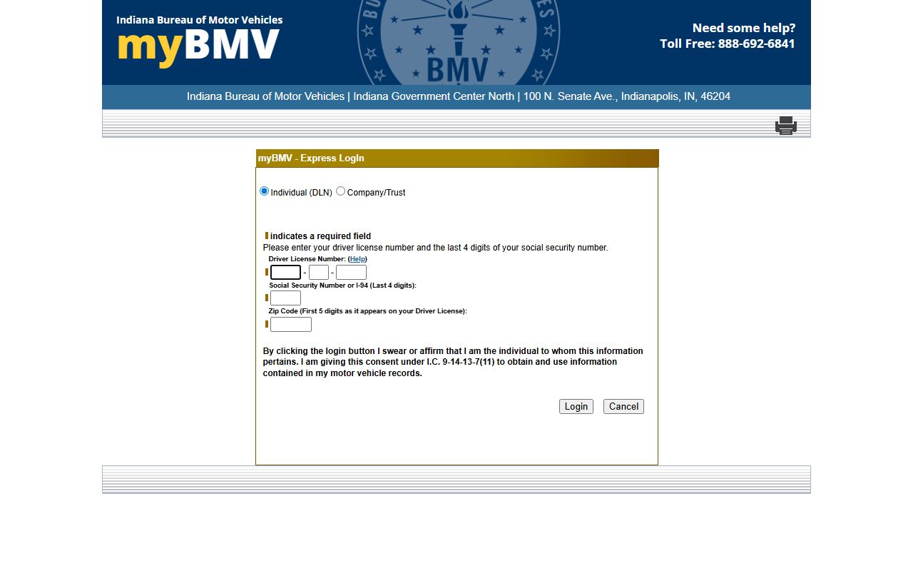Johnson County traffic court records myBMV Express login fields